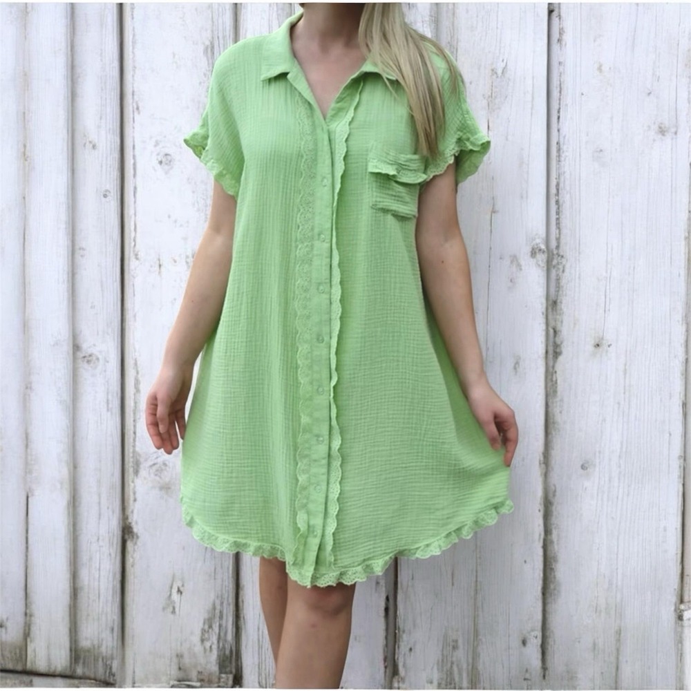 Umgee Gauzy Cotton Button Front Dress Coverup  Women's XL Green Beach Coastal